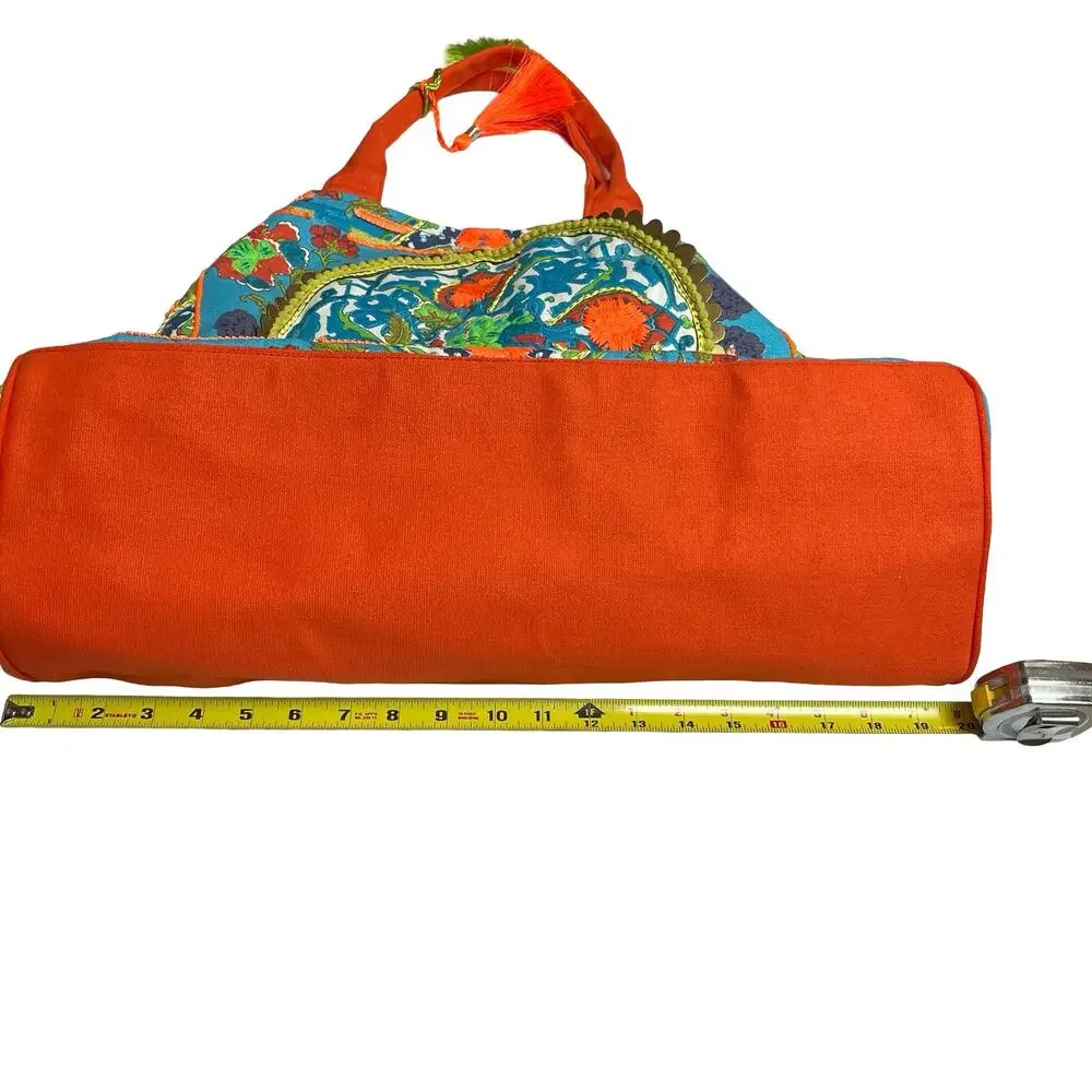 100% Cotton Bohemian Boho Signature Tote Bag in Aqua-Orange L - Picture 7 of 8